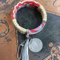 This is to Love Necklace, Bracelet & Earring Set with Real Bird Wing Pendant,Sterling Quartz Point Drops & Antique Embroidered Textile Fragments