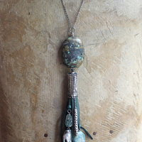 SOLD to J You will Find Necklace with Forest Green Leather Tassel,Silver Mesh,Silver Hand,Ancient Turquoise,Opalized Petrified Wood Point & More!