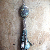 SOLD to J You will Find Necklace with Forest Green Leather Tassel,Silver Mesh,Silver Hand,Ancient Turquoise,Opalized Petrified Wood Point & More!