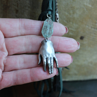 SOLD to J You will Find Necklace with Forest Green Leather Tassel,Silver Mesh,Silver Hand,Ancient Turquoise,Opalized Petrified Wood Point & More!