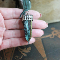 SOLD to J You will Find Necklace with Forest Green Leather Tassel,Silver Mesh,Silver Hand,Ancient Turquoise,Opalized Petrified Wood Point & More!