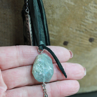 SOLD to J You will Find Necklace with Forest Green Leather Tassel,Silver Mesh,Silver Hand,Ancient Turquoise,Opalized Petrified Wood Point & More!