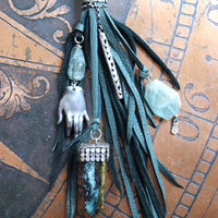 SOLD to J You will Find Necklace with Forest Green Leather Tassel,Silver Mesh,Silver Hand,Ancient Turquoise,Opalized Petrified Wood Point & More!