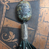 SOLD to J You will Find Necklace with Forest Green Leather Tassel,Silver Mesh,Silver Hand,Ancient Turquoise,Opalized Petrified Wood Point & More!