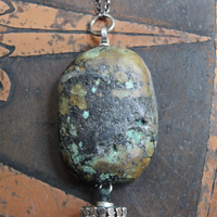 SOLD to J You will Find Necklace with Forest Green Leather Tassel,Silver Mesh,Silver Hand,Ancient Turquoise,Opalized Petrified Wood Point & More!