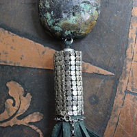 SOLD to J You will Find Necklace with Forest Green Leather Tassel,Silver Mesh,Silver Hand,Ancient Turquoise,Opalized Petrified Wood Point & More!