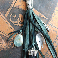 SOLD to J You will Find Necklace with Forest Green Leather Tassel,Silver Mesh,Silver Hand,Ancient Turquoise,Opalized Petrified Wood Point & More!