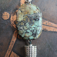 SOLD to J You will Find Necklace with Forest Green Leather Tassel,Silver Mesh,Silver Hand,Ancient Turquoise,Opalized Petrified Wood Point & More!