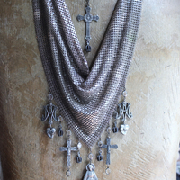 Rare Sterling Mesh Scarf Necklace Set w/French Marian Medals and Crosses, French Puffy Witches Heart Drops, Tiny Sterling Crowns with Star Drops,Sterling Rolo Chain