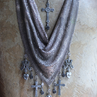 Rare Sterling Mesh Scarf Necklace Set w/French Marian Medals and Crosses, French Puffy Witches Heart Drops, Tiny Sterling Crowns with Star Drops,Sterling Rolo Chain