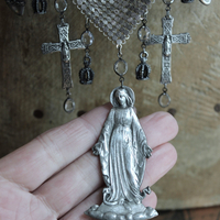 Rare Sterling Mesh Scarf Necklace Set w/French Marian Medals and Crosses, French Puffy Witches Heart Drops, Tiny Sterling Crowns with Star Drops,Sterling Rolo Chain