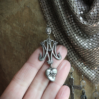 Rare Sterling Mesh Scarf Necklace Set w/French Marian Medals and Crosses, French Puffy Witches Heart Drops, Tiny Sterling Crowns with Star Drops,Sterling Rolo Chain