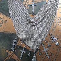 Rare Sterling Mesh Scarf Necklace Set w/French Marian Medals and Crosses, French Puffy Witches Heart Drops, Tiny Sterling Crowns with Star Drops,Sterling Rolo Chain