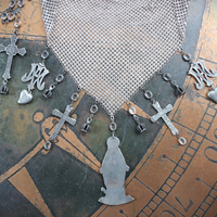 Rare Sterling Mesh Scarf Necklace Set w/French Marian Medals and Crosses, French Puffy Witches Heart Drops, Tiny Sterling Crowns with Star Drops,Sterling Rolo Chain
