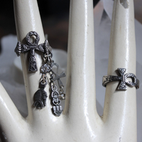 Antique Sterling Ankh Ring Set with Tiny Medals,Ankh Cross and Antique Faceted Prong Set Rock Crystals