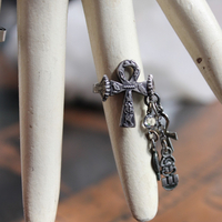 Antique Sterling Ankh Ring Set with Tiny Medals,Ankh Cross and Antique Faceted Prong Set Rock Crystals