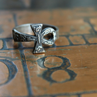 Antique Sterling Ankh Ring Set with Tiny Medals,Ankh Cross and Antique Faceted Prong Set Rock Crystals