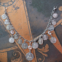 Persevering in Prayer Sterling Charm Bracelet with Rare St.Therese Couderc Medal, 14 Antique French Medals, Antique Bezel Set Faceted Rock Crystal Connectors
