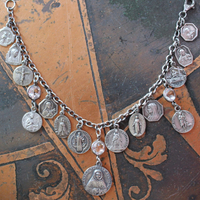 Persevering in Prayer Sterling Charm Bracelet with Rare St.Therese Couderc Medal, 14 Antique French Medals, Antique Bezel Set Faceted Rock Crystal Connectors