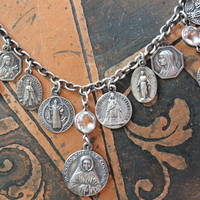 Persevering in Prayer Sterling Charm Bracelet with Rare St.Therese Couderc Medal, 14 Antique French Medals, Antique Bezel Set Faceted Rock Crystal Connectors