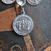 Persevering in Prayer Sterling Charm Bracelet with Rare St.Therese Couderc Medal, 14 Antique French Medals, Antique Bezel Set Faceted Rock Crystal Connectors