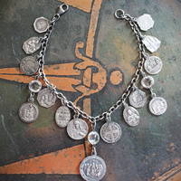 Persevering in Prayer Sterling Charm Bracelet with Rare St.Therese Couderc Medal, 14 Antique French Medals, Antique Bezel Set Faceted Rock Crystal Connectors