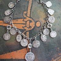 Persevering in Prayer Sterling Charm Bracelet with Rare St.Therese Couderc Medal, 14 Antique French Medals, Antique Bezel Set Faceted Rock Crystal Connectors