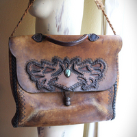 Amazing Old Carved Leather Bag with Turquoise Nugget & Unique Closure Tab- incredible old piece & perfect for Laptop Briefcase or as a Tote!