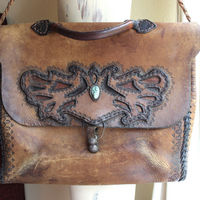 Amazing Old Carved Leather Bag with Turquoise Nugget & Unique Closure Tab- incredible old piece & perfect for Laptop Briefcase or as a Tote!