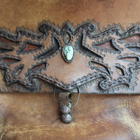 Amazing Old Carved Leather Bag with Turquoise Nugget & Unique Closure Tab- incredible old piece & perfect for Laptop Briefcase or as a Tote!