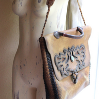 Amazing Old Carved Leather Bag with Turquoise Nugget & Unique Closure Tab- incredible old piece & perfect for Laptop Briefcase or as a Tote!