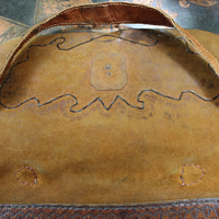 Amazing Old Carved Leather Bag with Turquoise Nugget & Unique Closure Tab- incredible old piece & perfect for Laptop Briefcase or as a Tote!
