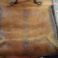 Amazing Old Carved Leather Bag with Turquoise Nugget & Unique Closure Tab- incredible old piece & perfect for Laptop Briefcase or as a Tote!