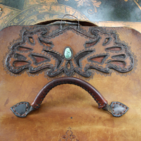 Amazing Old Carved Leather Bag with Turquoise Nugget & Unique Closure Tab- incredible old piece & perfect for Laptop Briefcase or as a Tote!