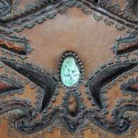 Amazing Old Carved Leather Bag with Turquoise Nugget & Unique Closure Tab- incredible old piece & perfect for Laptop Briefcase or as a Tote!