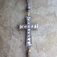 SOLD to J The God of Everyone Necklace with Gold and Silver Mughal Polki Diamond Cross, Intricate Center Piece and Bead, Antique Foxtail Chain & Tassel