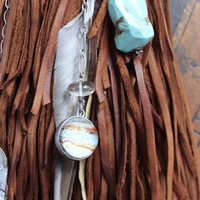 En Shalla Butter Soft Leather Cross Body Bag with Faceted Turquoise Drop,Glass Galaxy Orbs,Wire Wrapped Quartz & Feather