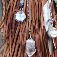 En Shalla Butter Soft Leather Cross Body Bag with Faceted Turquoise Drop,Glass Galaxy Orbs,Wire Wrapped Quartz & Feather