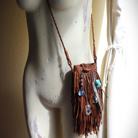 En Shalla Butter Soft Leather Cross Body Bag with Faceted Turquoise Drop,Glass Galaxy Orbs,Wire Wrapped Quartz & Feather
