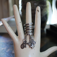 Wide Solid 999 Sterling Artisan Wrap Ring with Multiple Tiny Antique Medals, Sterling Crosses, Faceted Rock Crystal Connectors