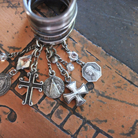 Wide Solid 999 Sterling Artisan Wrap Ring with Multiple Tiny Antique Medals, Sterling Crosses, Faceted Rock Crystal Connectors