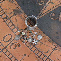 Wide Solid 999 Sterling Artisan Wrap Ring with Multiple Tiny Antique Medals, Sterling Crosses, Faceted Rock Crystal Connectors