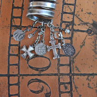 Wide Solid 999 Sterling Artisan Wrap Ring with Multiple Tiny Antique Medals, Sterling Crosses, Faceted Rock Crystal Connectors