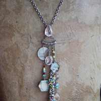 SOLD to J Endless Ocean Necklace with Faceted Rock Quartz Drops,,Sterling Bezel Set Faceted Rock Quartz, Sterling Link Chain,Multi Color Seed Bead Tassel