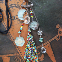 SOLD to J Endless Ocean Necklace with Faceted Rock Quartz Drops,,Sterling Bezel Set Faceted Rock Quartz, Sterling Link Chain,Multi Color Seed Bead Tassel