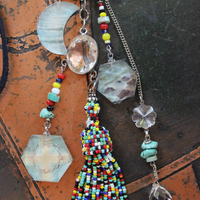 SOLD to J Endless Ocean Necklace with Faceted Rock Quartz Drops,,Sterling Bezel Set Faceted Rock Quartz, Sterling Link Chain,Multi Color Seed Bead Tassel