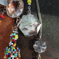 SOLD to J Endless Ocean Necklace with Faceted Rock Quartz Drops,,Sterling Bezel Set Faceted Rock Quartz, Sterling Link Chain,Multi Color Seed Bead Tassel