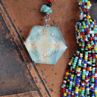 SOLD to J Endless Ocean Necklace with Faceted Rock Quartz Drops,,Sterling Bezel Set Faceted Rock Quartz, Sterling Link Chain,Multi Color Seed Bead Tassel