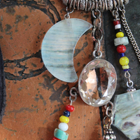 SOLD to J Endless Ocean Necklace with Faceted Rock Quartz Drops,,Sterling Bezel Set Faceted Rock Quartz, Sterling Link Chain,Multi Color Seed Bead Tassel