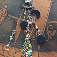 SOLD to J Endless Ocean Necklace with Faceted Rock Quartz Drops,,Sterling Bezel Set Faceted Rock Quartz, Sterling Link Chain,Multi Color Seed Bead Tassel